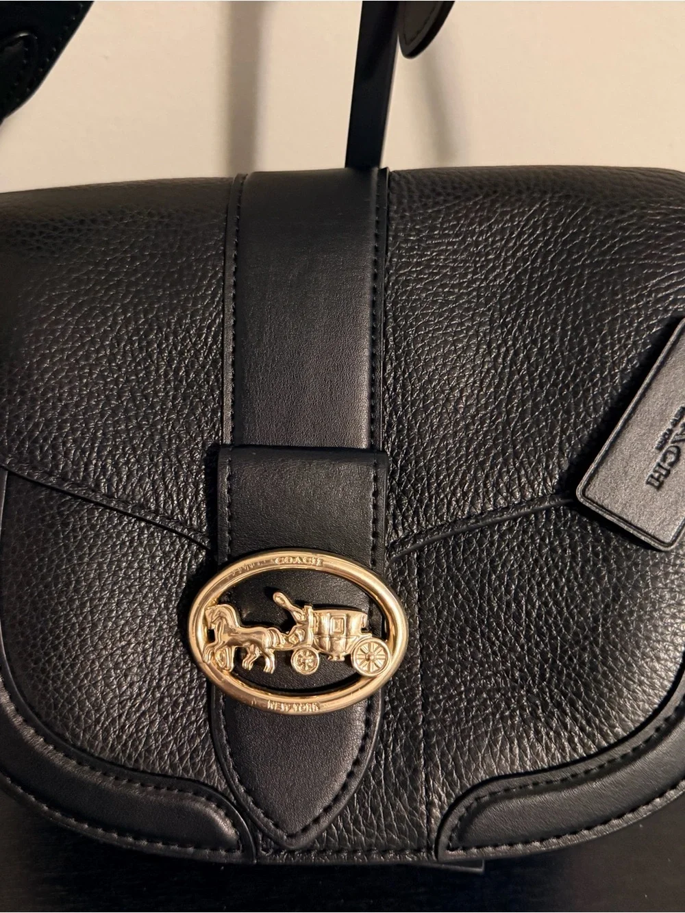 Coach Black Pebbled Leather Brooke Saddle Bag with Gold Coach Emblem